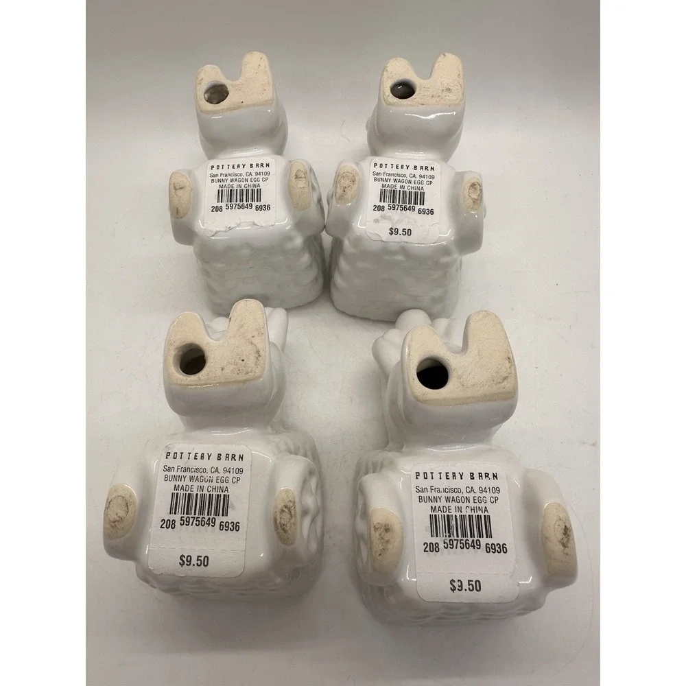 Pottery Barn Bunny Wagon‎ Egg Cups Set 4 White Ceramic Easter Holders